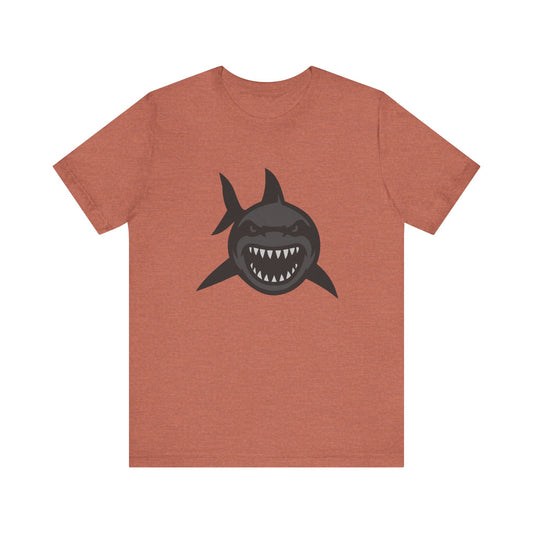 Ferocious Shark Face Graphic Tee with a Bold Bite – Dark Theme Ocean Predator Shirt in Black and Grey. Unisex Jersey Short Sleeve Tee