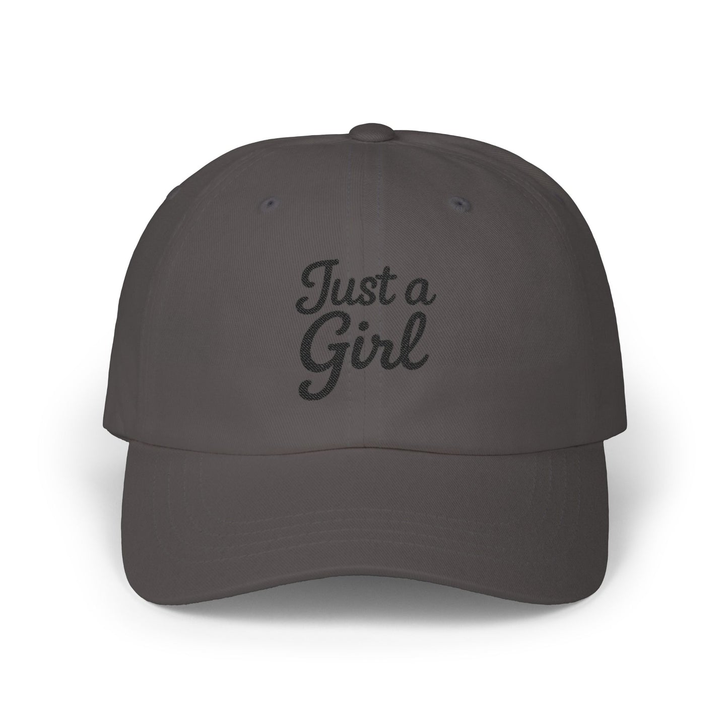 Just a Girl Embroidered Classic Dad Hat – Minimalist Script Baseball Hat with Bold Feminine Energy and Classic Style. Black Letters