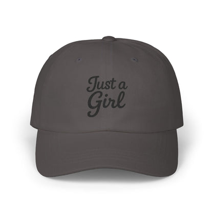 Just a Girl Embroidered Classic Dad Hat – Minimalist Script Baseball Hat with Bold Feminine Energy and Classic Style. Black Letters