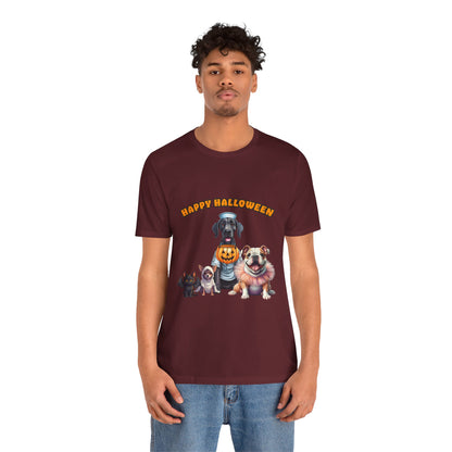 Happy Halloween Pet Parade Shirt – Cute Halloween Dogs and Cat in Costumes. Unisex Jersey Short Sleeve Tee