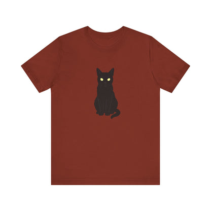 Glowing-Eyed Black Cat Shirt – Dark Theme Feline Stare for Maximum Spook and Minimal Effort. Unisex Jersey Short Sleeve Tee