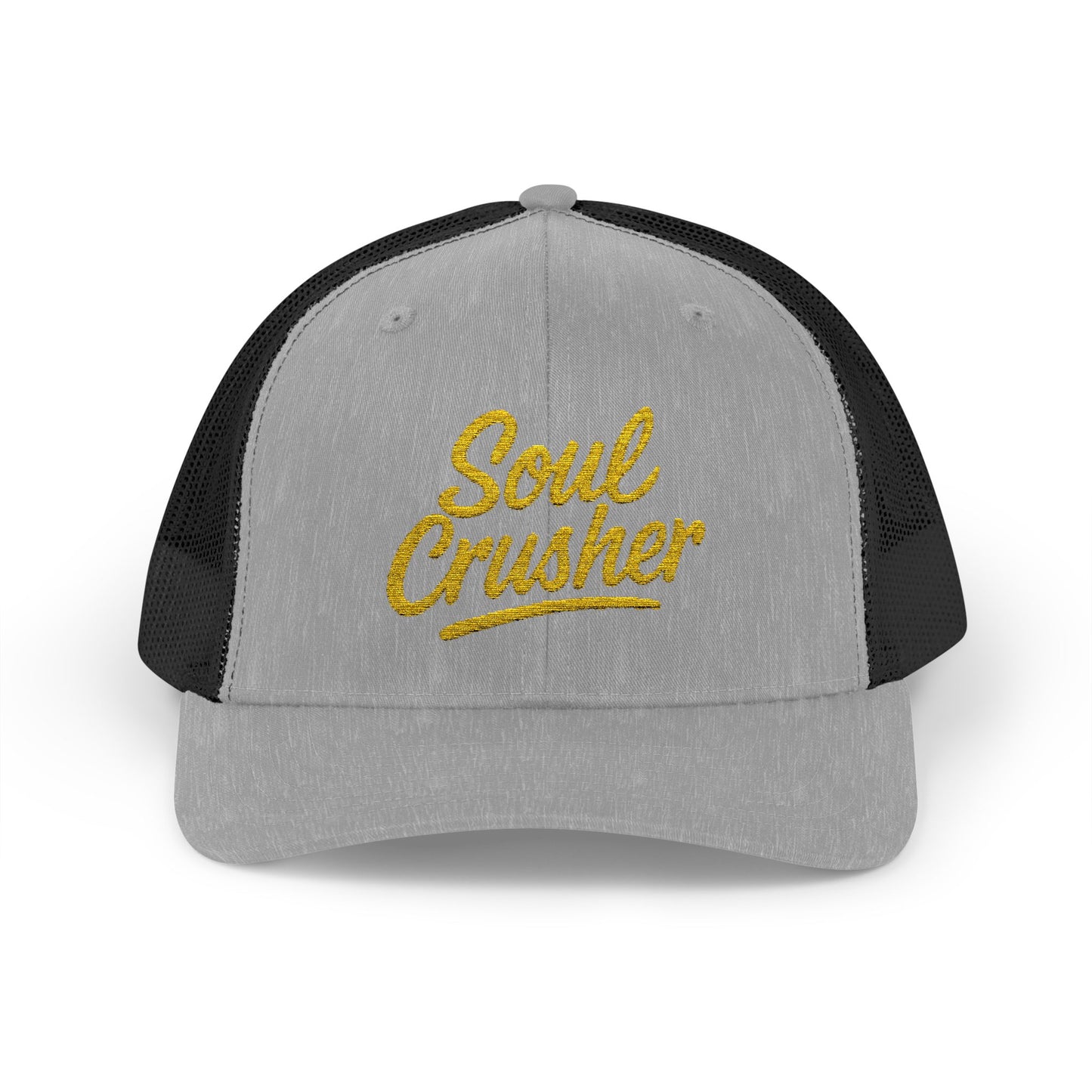 Soul Crusher Trucker Hat – Clean Script Hat with Bold Edge for Heartbreakers, Villains, and Power Moves. Yellow Letters