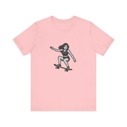 Skater Girl Graphic T-Shirt – Dark Theme Grayscale Skateboarding Design on Black Tee with Bold Motion and Modern Ghost Effect. Unisex Jersey Short Sleeve Tee