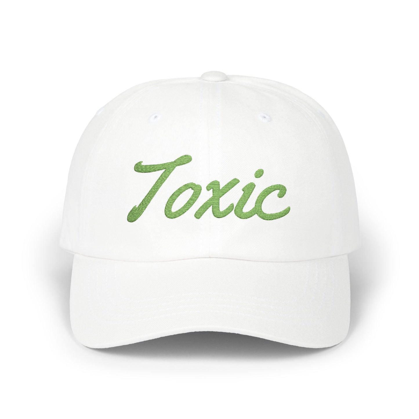 Toxic Embroidered Classic Dad Hat – Green Script Baseball Hat with Ironic Flair for Agents of Chaos and Certified Trouble