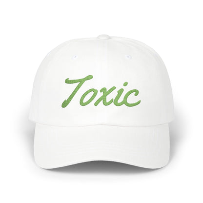 Toxic Embroidered Classic Dad Hat – Green Script Baseball Hat with Ironic Flair for Agents of Chaos and Certified Trouble
