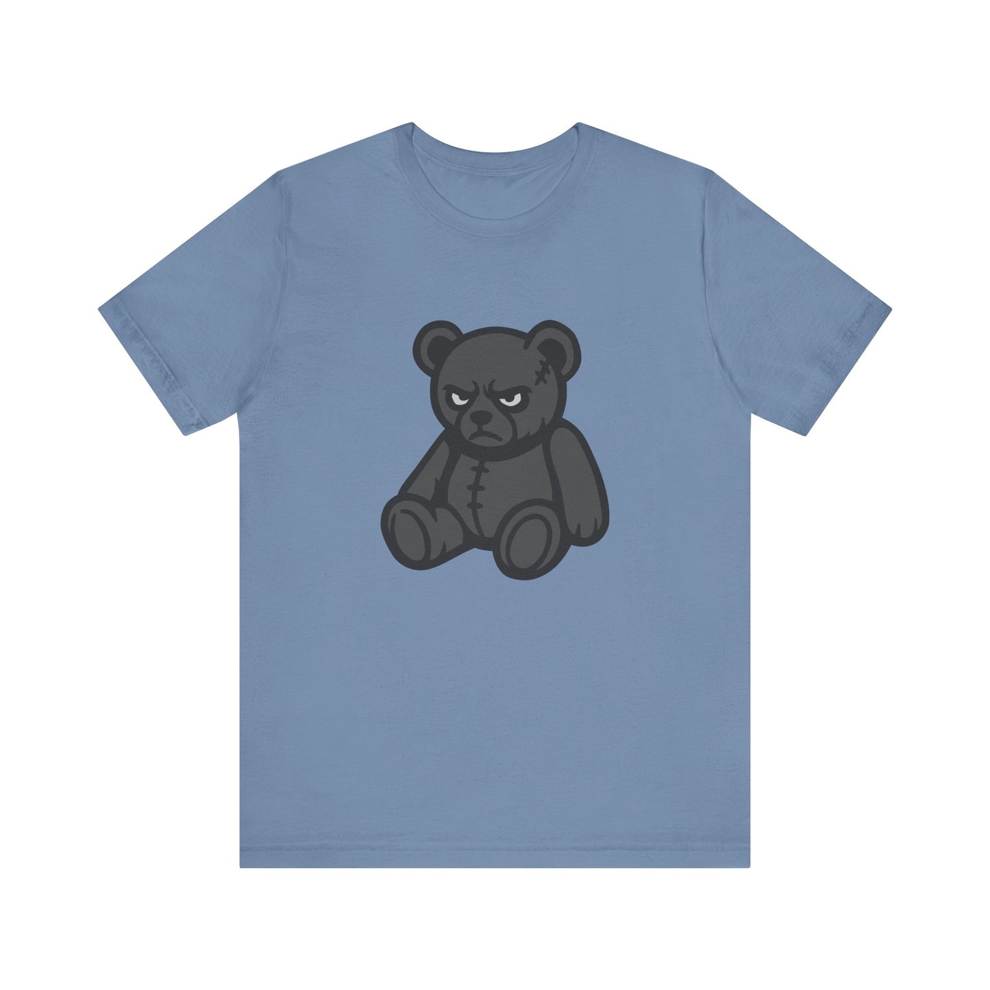 Angry Teddy Bear Graphic T-Shirt – Dark Theme Grayscale Plush with Attitude on Black Tee for Edgy or Ironic Style. Unisex Jersey Short Sleeve Tee