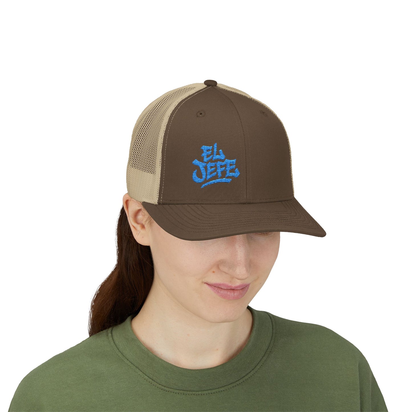 El Jefe Trucker Hat – Embroidered Bold Text Hat for Boss Energy, Leadership Style, and Latin Flair. Blue Letters