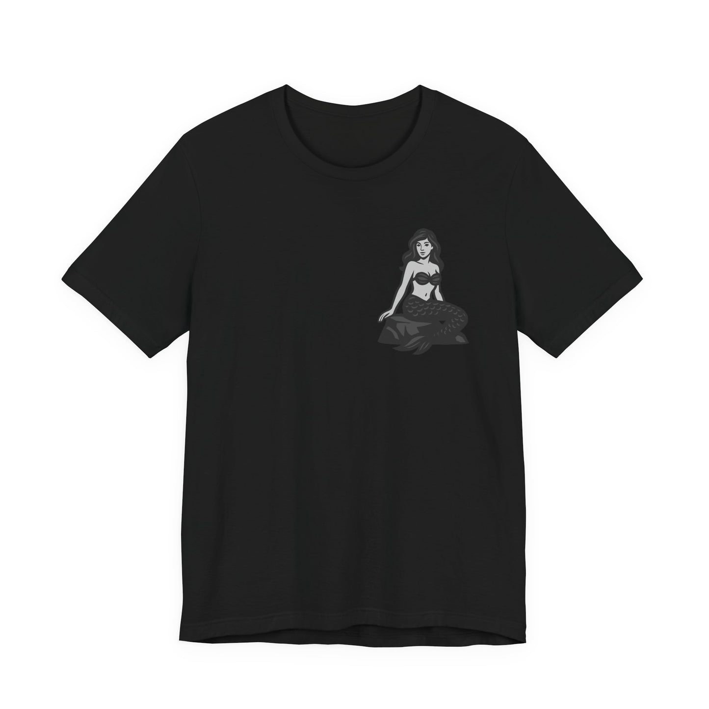 Mermaid Graphic T-Shirt – Dark Theme Grayscale Siren on Rock Design on Black Tee with Fantasy Vibes and Modern Ghost Effect. Unisex Jersey Short Sleeve Tee