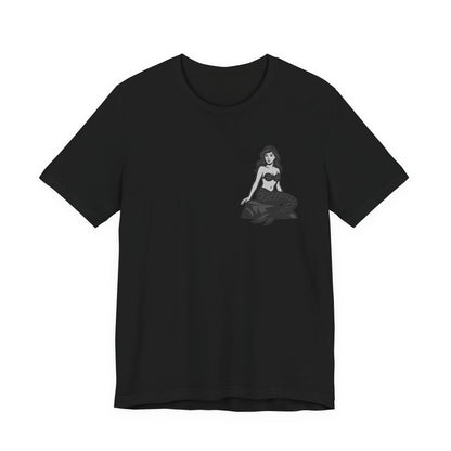 Mermaid Graphic T-Shirt – Dark Theme Grayscale Siren on Rock Design on Black Tee with Fantasy Vibes and Modern Ghost Effect. Unisex Jersey Short Sleeve Tee