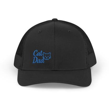 Cat Dad Trucker Hat – Embroidered Minimalist Cat Face Hat for Proud Pet Dads and Feline Fans. Blue Letters