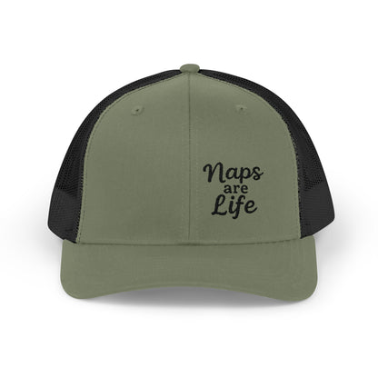 Naps Are Life Trucker Hat – Embroidered Funny Hat for Pro-Level Nappers. Black Letters