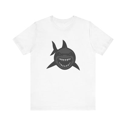 Ferocious Shark Face Graphic Tee with a Bold Bite – Dark Theme Ocean Predator Shirt in Black and Grey. Unisex Jersey Short Sleeve Tee