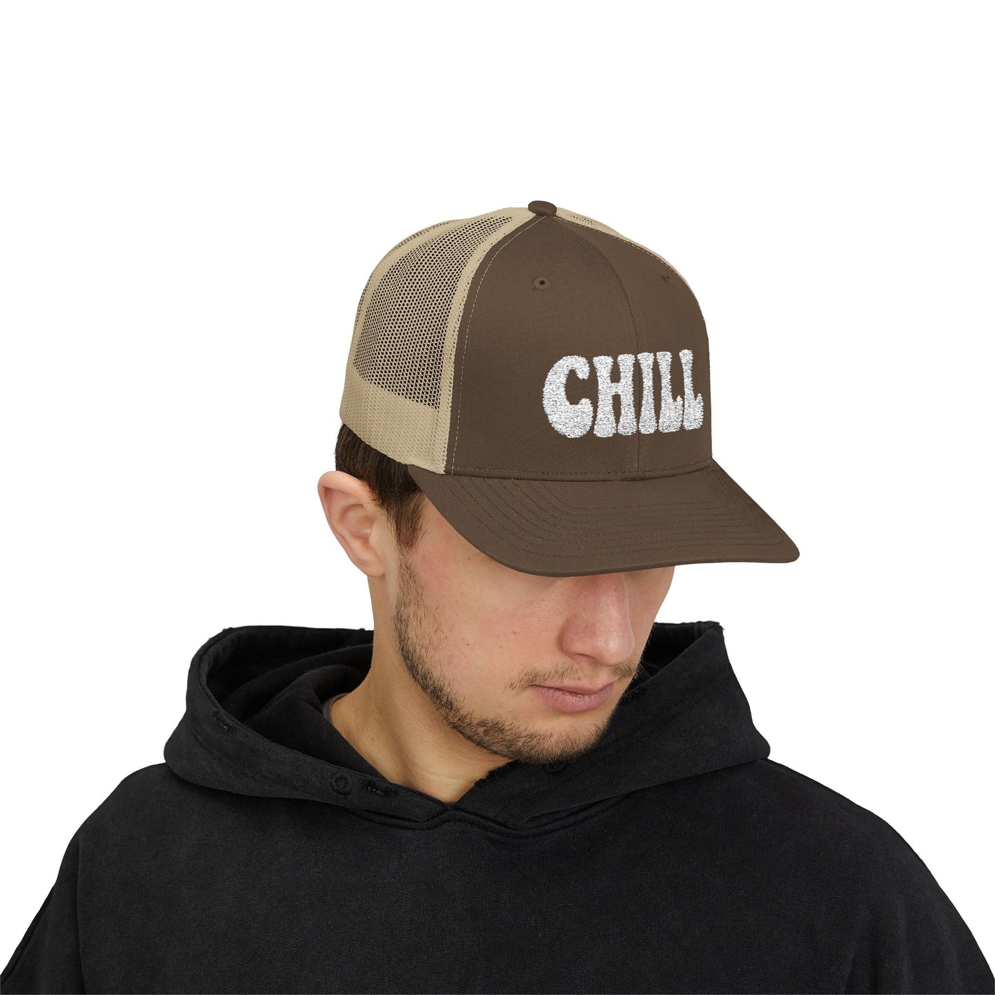 Chill Trucker Hat – Embroidered Relaxed Script Hat for Easygoing Vibes and Everyday Cool. White Letters