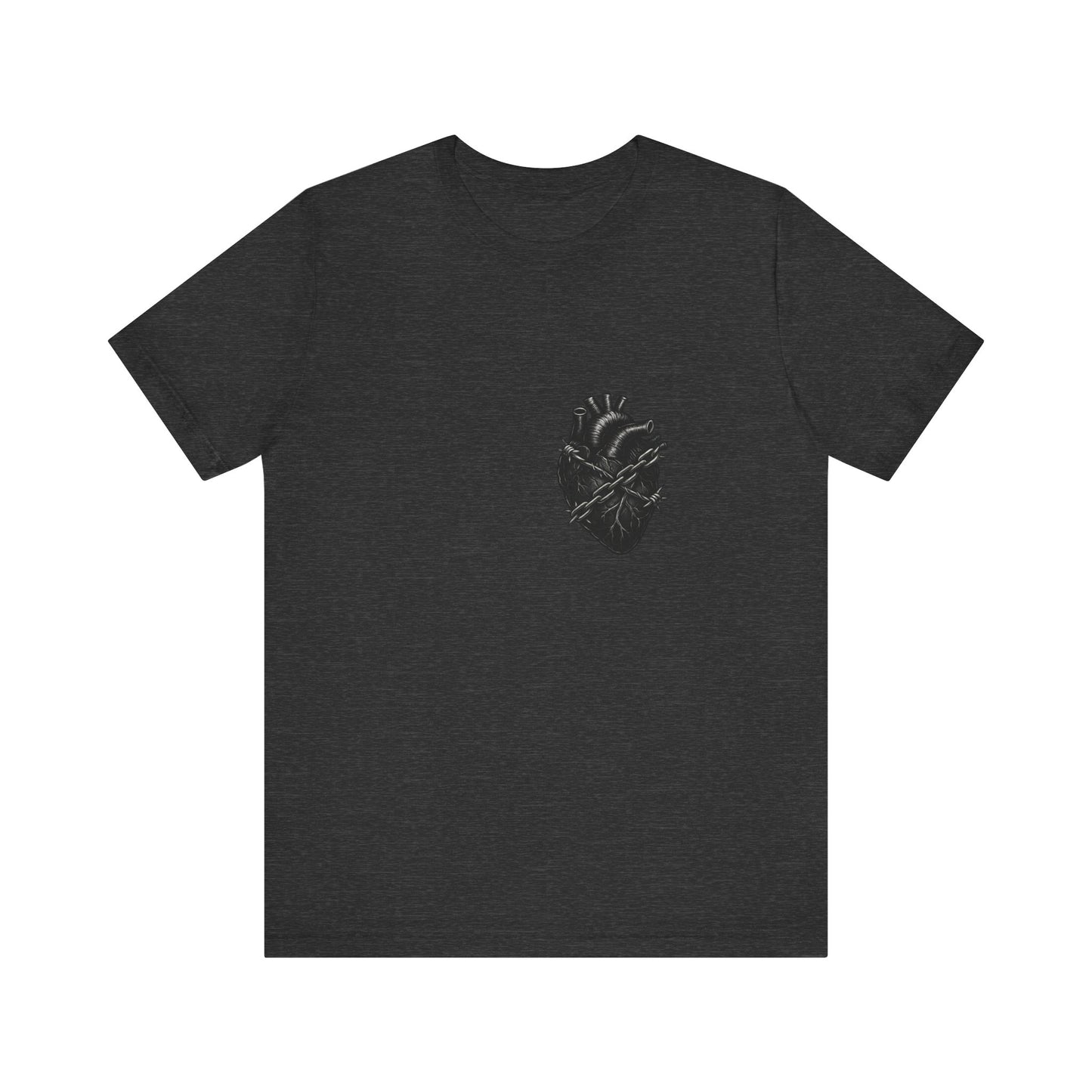 Heart in Chains Shirt – Dark Theme Anatomical Heart Wrapped in Barbed Wire and Commitment Issues. Unisex Jersey Short Sleeve Tee