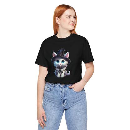 Adorable Witch Cat Halloween Shirt – Cute White Cat in Hat Graphic Tee for Cat Lovers and Halloween Fans