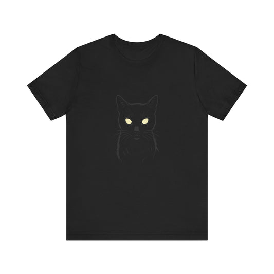 Ghost Cat Eyes Tee – Dark Theme Black Cat Outline with Transparent Face and Glowing Stare. Unisex Jersey Short Sleeve Tee