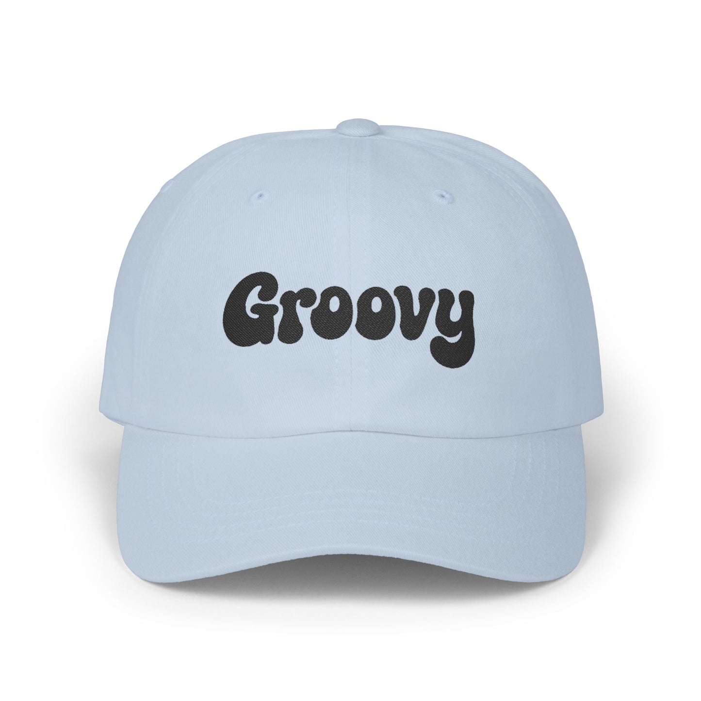 Groovy Classic Dad Hat – Retro Embroidered Hat with 70s Style Font for Funky Vibes, Chill Days, and Vintage Cool. Black Letters