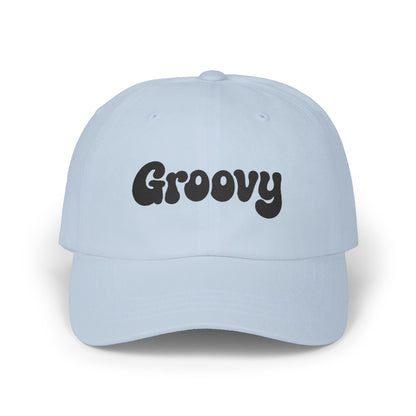Groovy Classic Dad Hat – Retro Embroidered Hat with 70s Style Font for Funky Vibes, Chill Days, and Vintage Cool. Black Letters