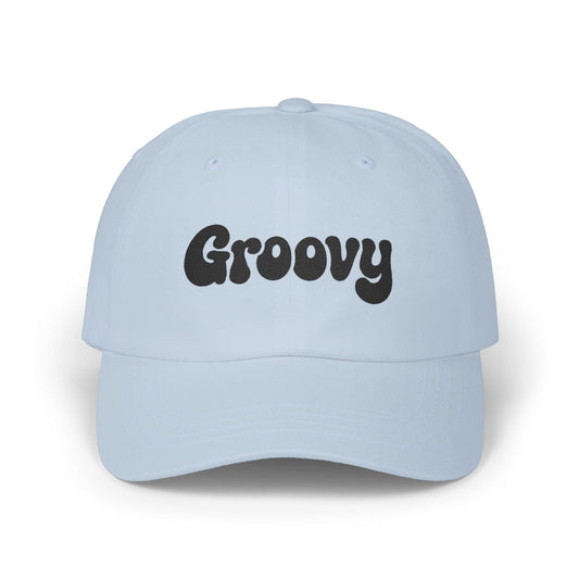 Groovy Classic Dad Hat – Retro Embroidered Hat with 70s Style Font for Funky Vibes, Chill Days, and Vintage Cool. Black Letters