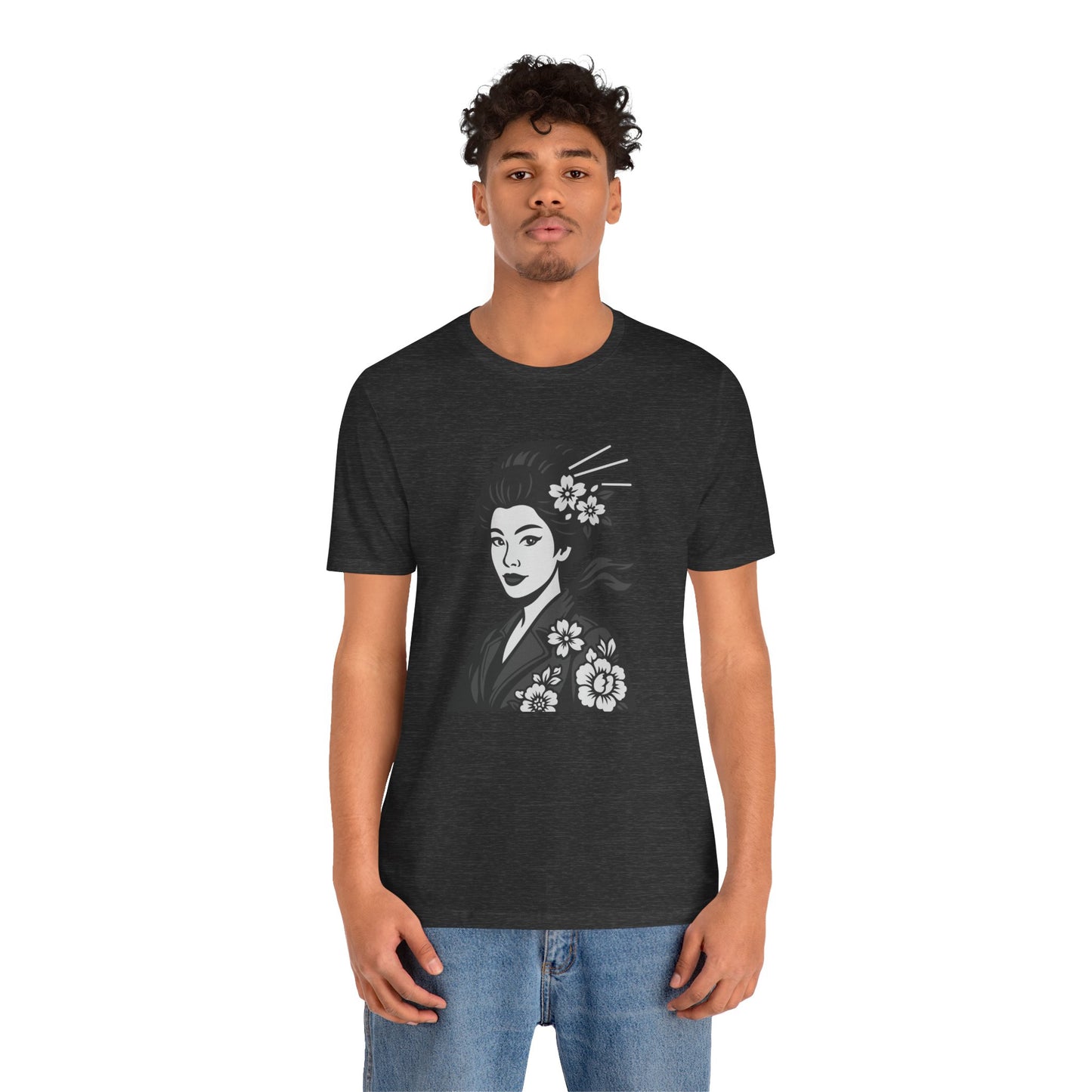 Floral Geisha Graphic Tee Dark Theme – Elegant Vector Portrait with Modern Ghost Effect