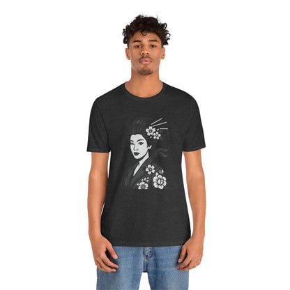 Floral Geisha Graphic Tee Dark Theme – Elegant Vector Portrait with Modern Ghost Effect