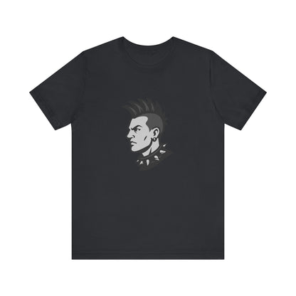 Punk Guy Graphic T-Shirt – Dark Theme Grayscale Mohawk Portrait on Black Tee with Attitude and Subtle Modern Ghost Effect. Unisex Jersey Short Sleeve Tee