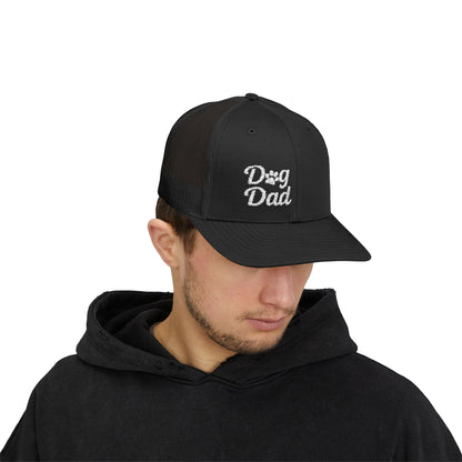 Dog Dad Trucker Hat – Embroidered Minimalist Dog Face Hat for Proud Pet Dads and Canine Companions. White Letters
