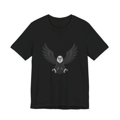 Eagle Wings Graphic T-Shirt – Dark Theme Grayscale Soaring Predator Design on Black Tee with Intensity and Modern Ghost Effect. Unisex Jersey Short Sleeve Tee