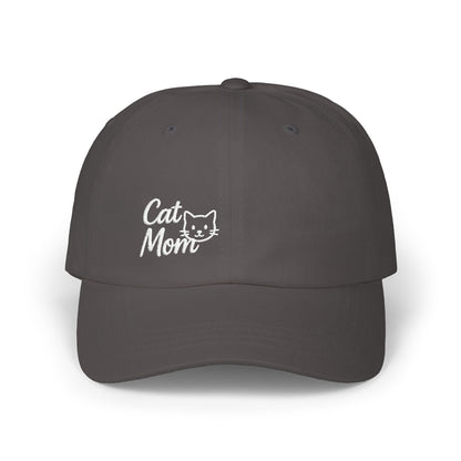 Cat Mom Classic Dad Hat – Embroidered Minimalist Cat Face Hat for Feline-Loving Women with Style. White Letters