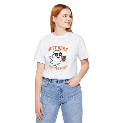 Just Here for the Boos Halloween Shirt – Funny Ghost Drinking Coffee Graphic Tee for Spooky Season