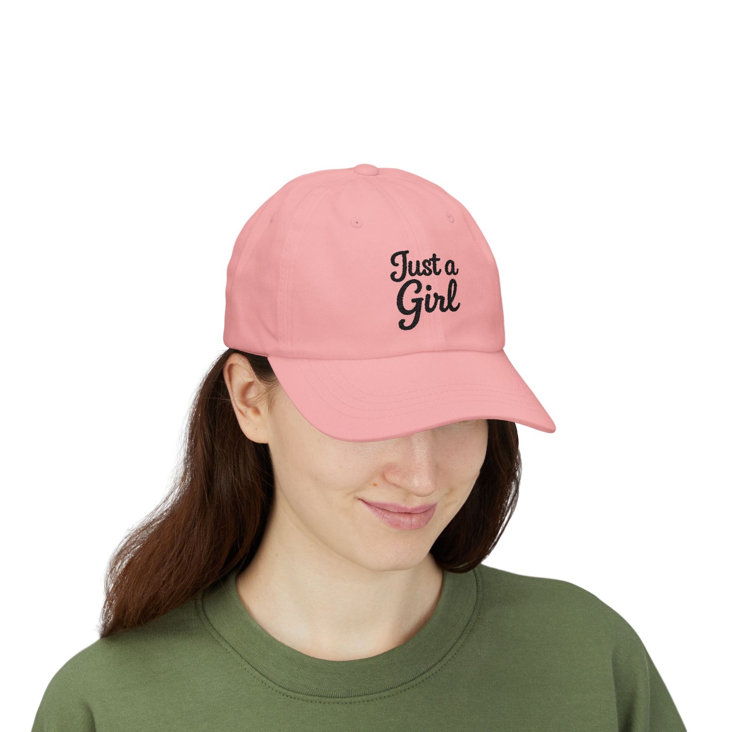 Just a Girl Embroidered Classic Dad Hat – Minimalist Script Baseball Hat with Bold Feminine Energy and Classic Style. Black Letters