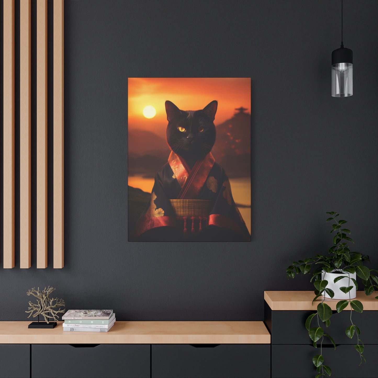 Zen Whiskers: Geisha Cat at Sunset Canvas Art | Stretched Matte Wall Decor 002