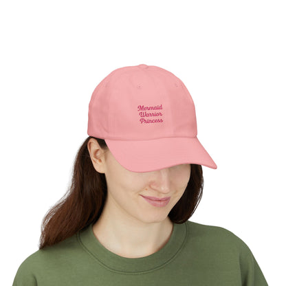 Mermaid Warrior Princess Embroidered Classic Dad Hat – Bold Text Hat for Ocean Queens, Fantasy Fans, and Fierce Beach Style. Pink Letters