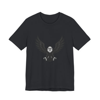 Eagle Wings Graphic T-Shirt – Dark Theme Grayscale Soaring Predator Design on Black Tee with Intensity and Modern Ghost Effect. Unisex Jersey Short Sleeve Tee