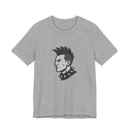 Punk Guy Graphic T-Shirt – Dark Theme Grayscale Mohawk Portrait on Black Tee with Attitude and Subtle Modern Ghost Effect. Unisex Jersey Short Sleeve Tee