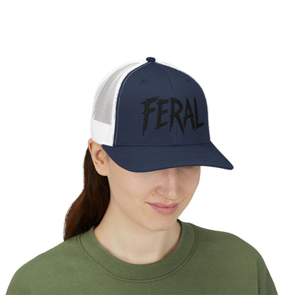 FERAL Embroidered Trucker Hat – Bold Statement Baseball Hat with Wild Energy Font for Rebels, Misfits, and Chaos Enthusiasts