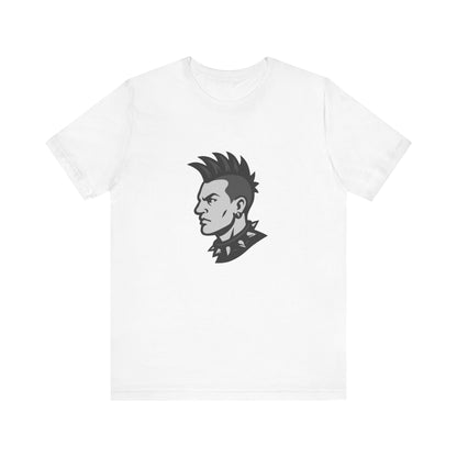 Punk Guy Graphic T-Shirt – Dark Theme Grayscale Mohawk Portrait on Black Tee with Attitude and Subtle Modern Ghost Effect. Unisex Jersey Short Sleeve Tee