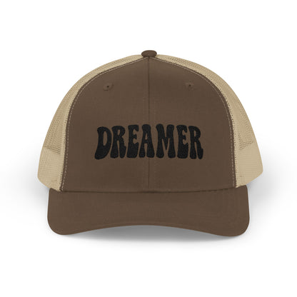 Dreamer Trucker Hat – Embroidered Minimalist Script Hat for Visionaries, Creatives, and Chill Daydreamers. Black Letters