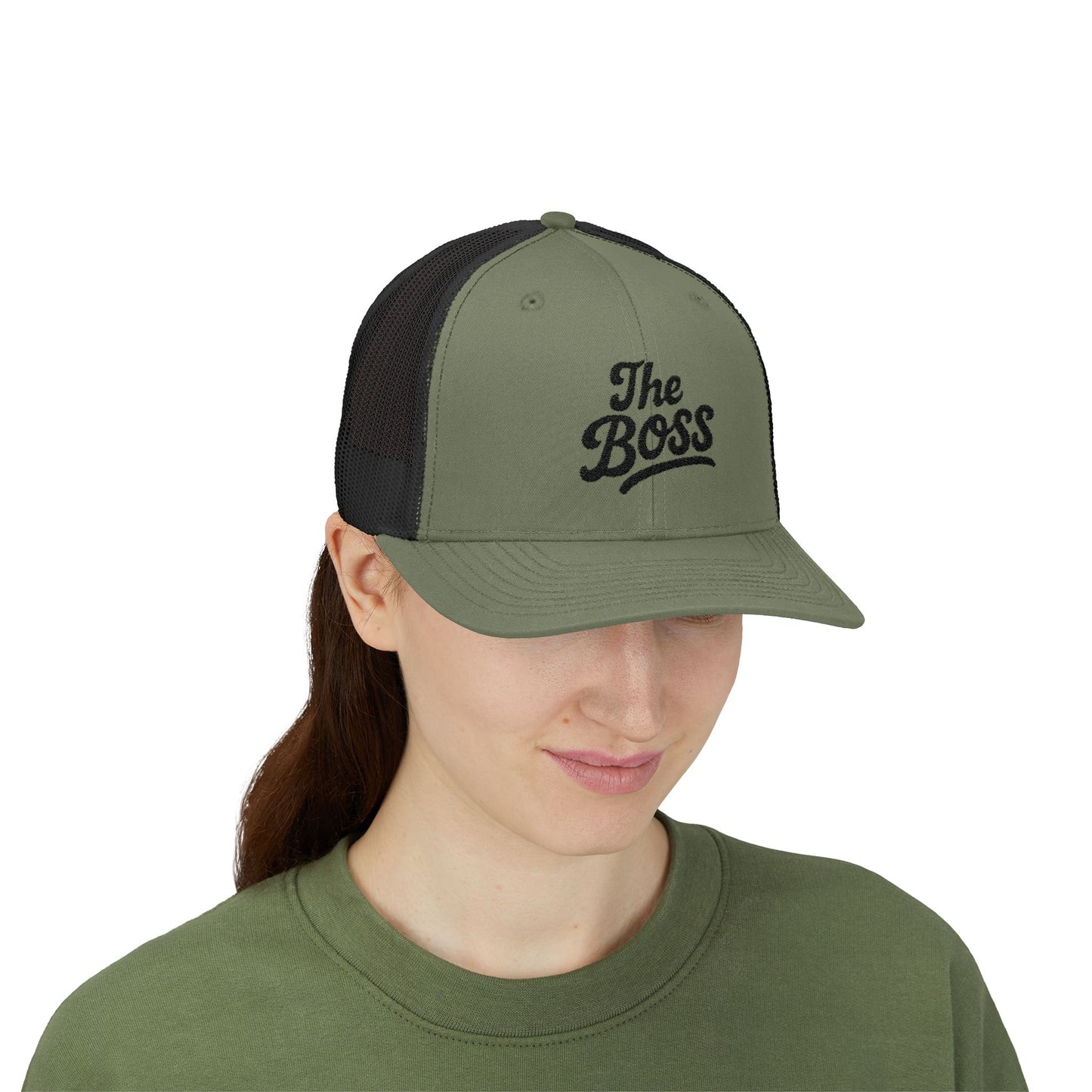 The Boss Trucker Hat – Embroidered Statement Hat for Power Moves Only. Black Letters
