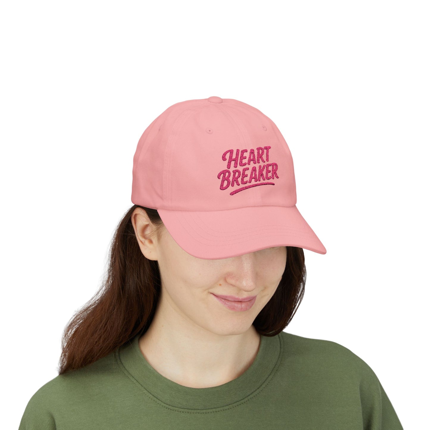 Heartbreaker Embroidered Classic Dad Hat – Bold Baseball Hat with Retro Script and Broken Heart Design for Confident Rule-Breakers. Pink Letters