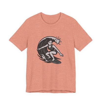 Surf Girl Graphic T-Shirt – Dark Theme Grayscale Female Surfer Riding Wave on Black Tee with Flow State Energy and Modern Ghost Effect. Unisex Jersey Short Sleeve Tee