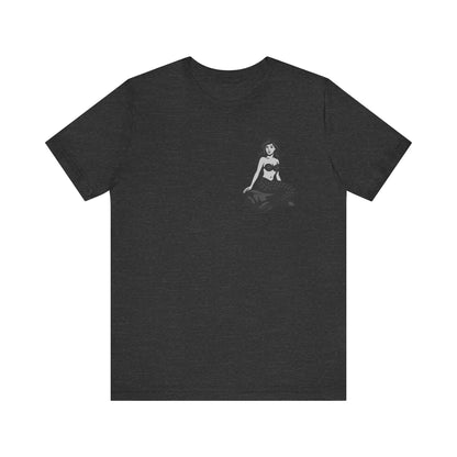 Mermaid Graphic T-Shirt – Dark Theme Grayscale Siren on Rock Design on Black Tee with Fantasy Vibes and Modern Ghost Effect. Unisex Jersey Short Sleeve Tee