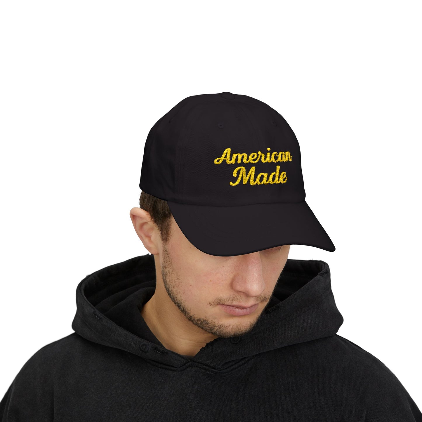 American Made Classic Dad Hat – Embroidered Patriotic Baseball Hat with Retro Script for USA Pride and Everyday Wear.  Yellow letters