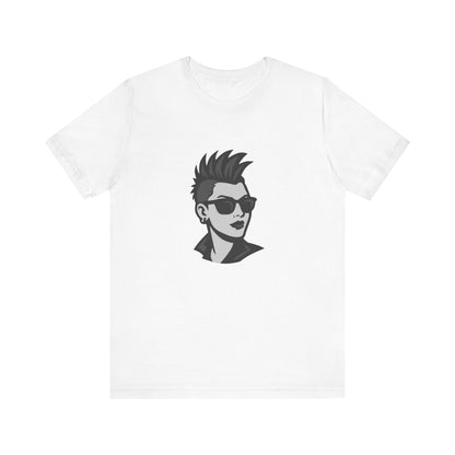 Punk Girl Graphic T-Shirt – Dark Theme Grayscale Spiked Hair Portrait on Black Tee with Bold Energy and Modern Ghost Effect. Unisex Jersey Short Sleeve Tee