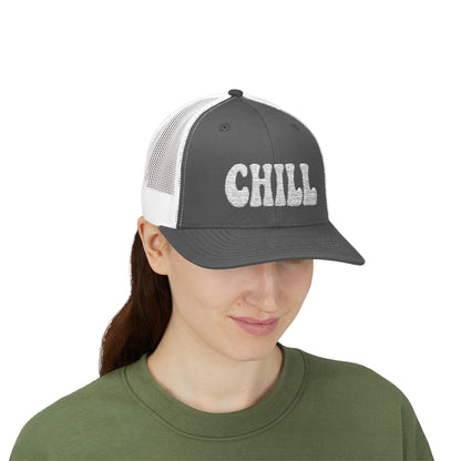 Chill Trucker Hat – Embroidered Relaxed Script Hat for Easygoing Vibes and Everyday Cool. White Letters
