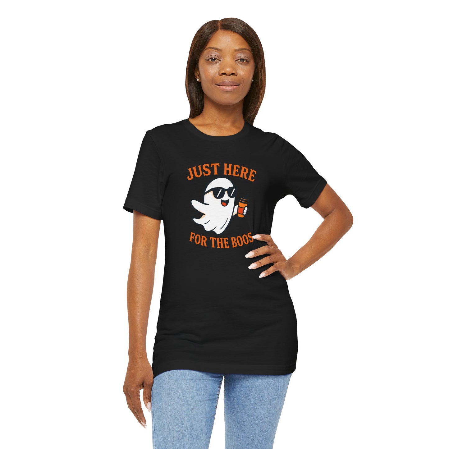 Just Here for the Boos Halloween Shirt – Funny Ghost Drinking Coffee Graphic Tee for Spooky Season