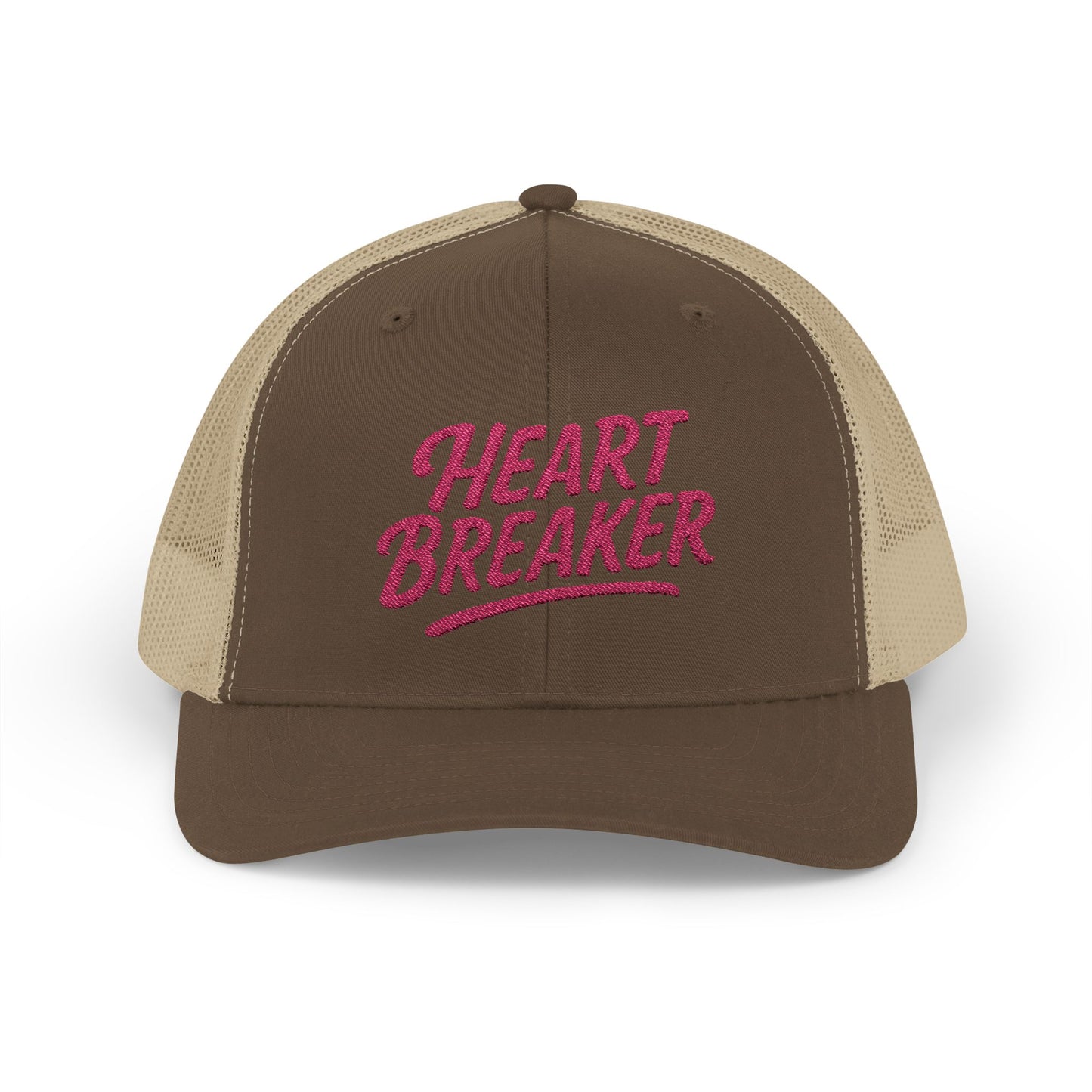 Heartbreaker Trucker Hat – Bold Baseball Hat with Retro Script and Broken Heart Design for Confident Rule-Breakers. Pink Letters