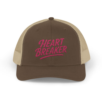 Heartbreaker Trucker Hat – Bold Baseball Hat with Retro Script and Broken Heart Design for Confident Rule-Breakers. Pink Letters