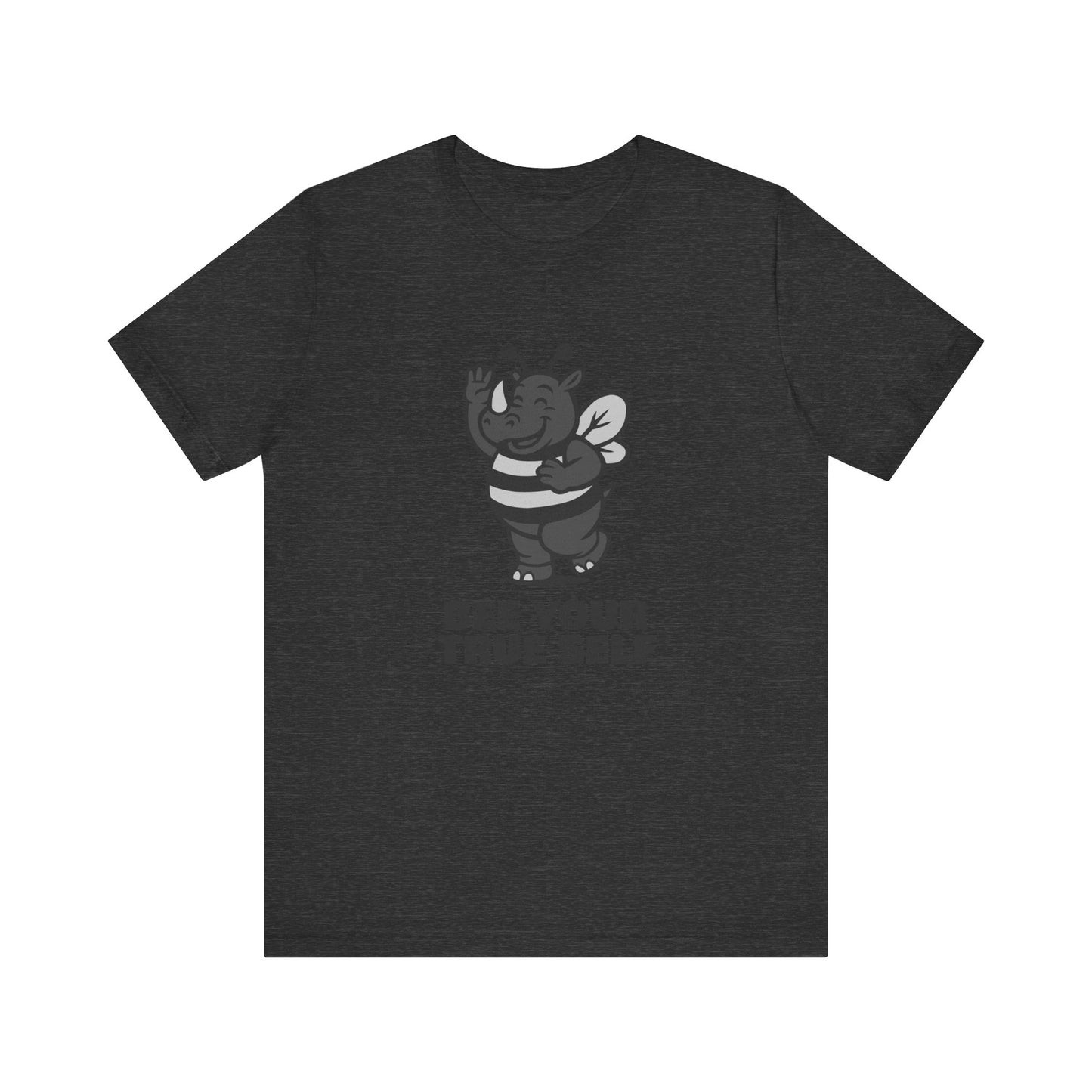 Bee Your True Self T-Shirt – Dark Theme Grayscale Rhino in Bee Costume on Black Tee with Wholesome Humor and Self-Expression Message. Unisex Jersey Short Sleeve Tee