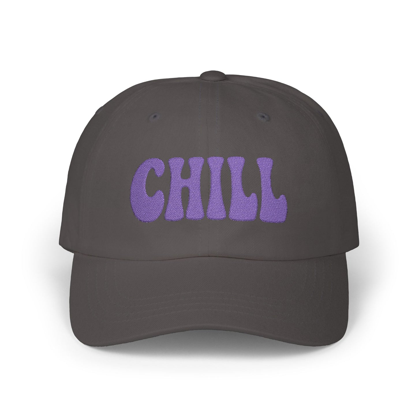 Chill Classic Dad Hat – Embroidered Relaxed Script Hat for Easygoing Vibes and Everyday Cool. Purple Letters